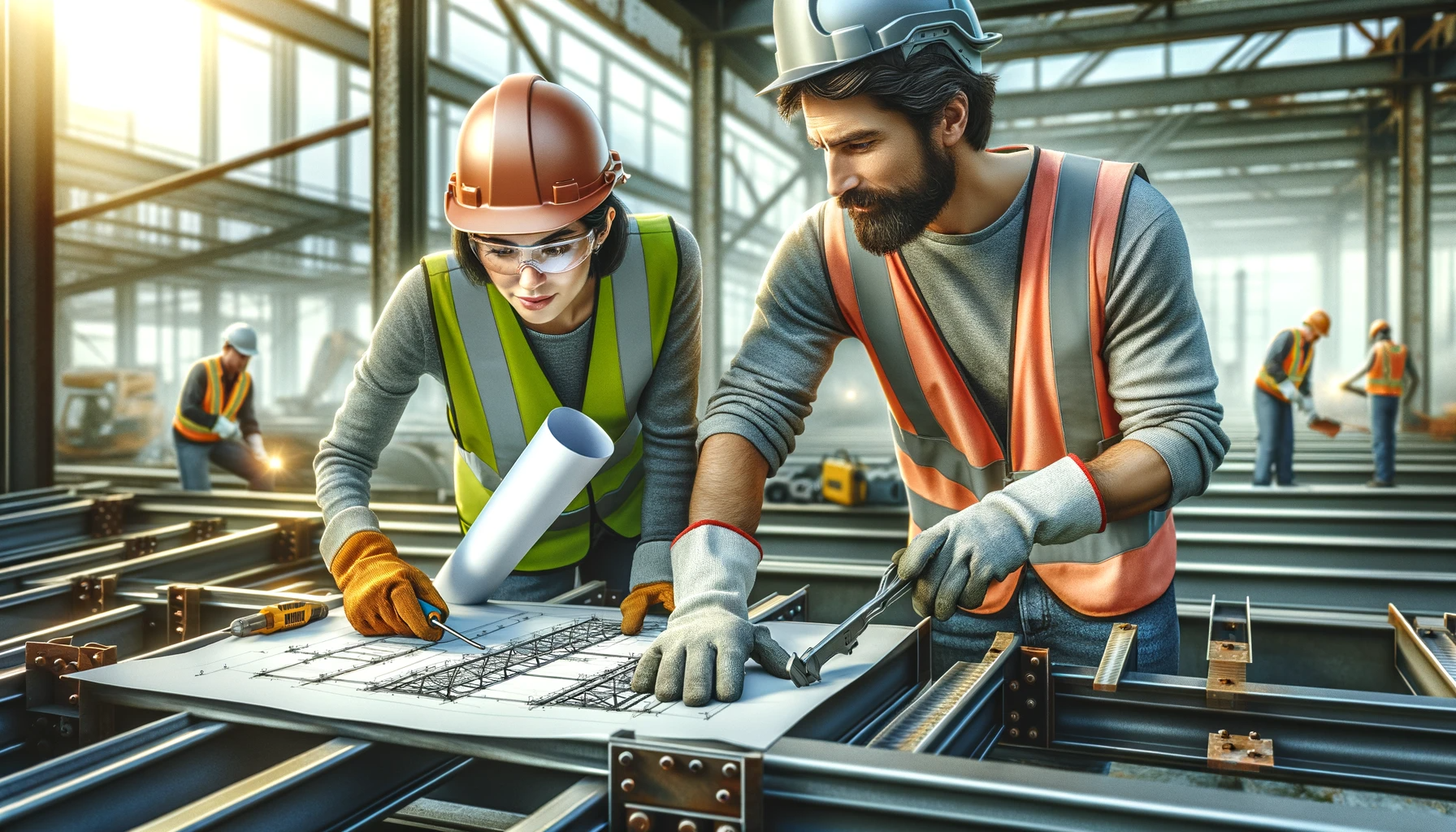DALL·E 2023-12-09 13.21.03 - A detailed image showing two construction workers, a Caucasian man and a Hispanic woman, working together on a steel design in a construction yard. Th