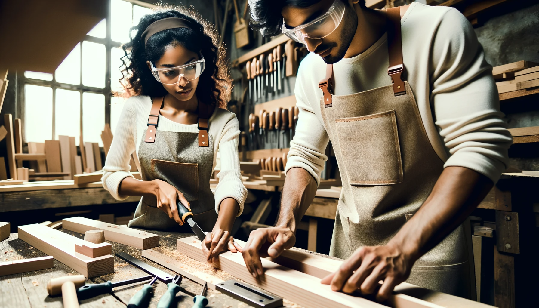DALL·E 2023-12-09 13.21.56 - An image depicting two woodworkers, a Black woman and a South Asian man, engaged in woodworking in a workshop. The woman is skillfully using a chisel