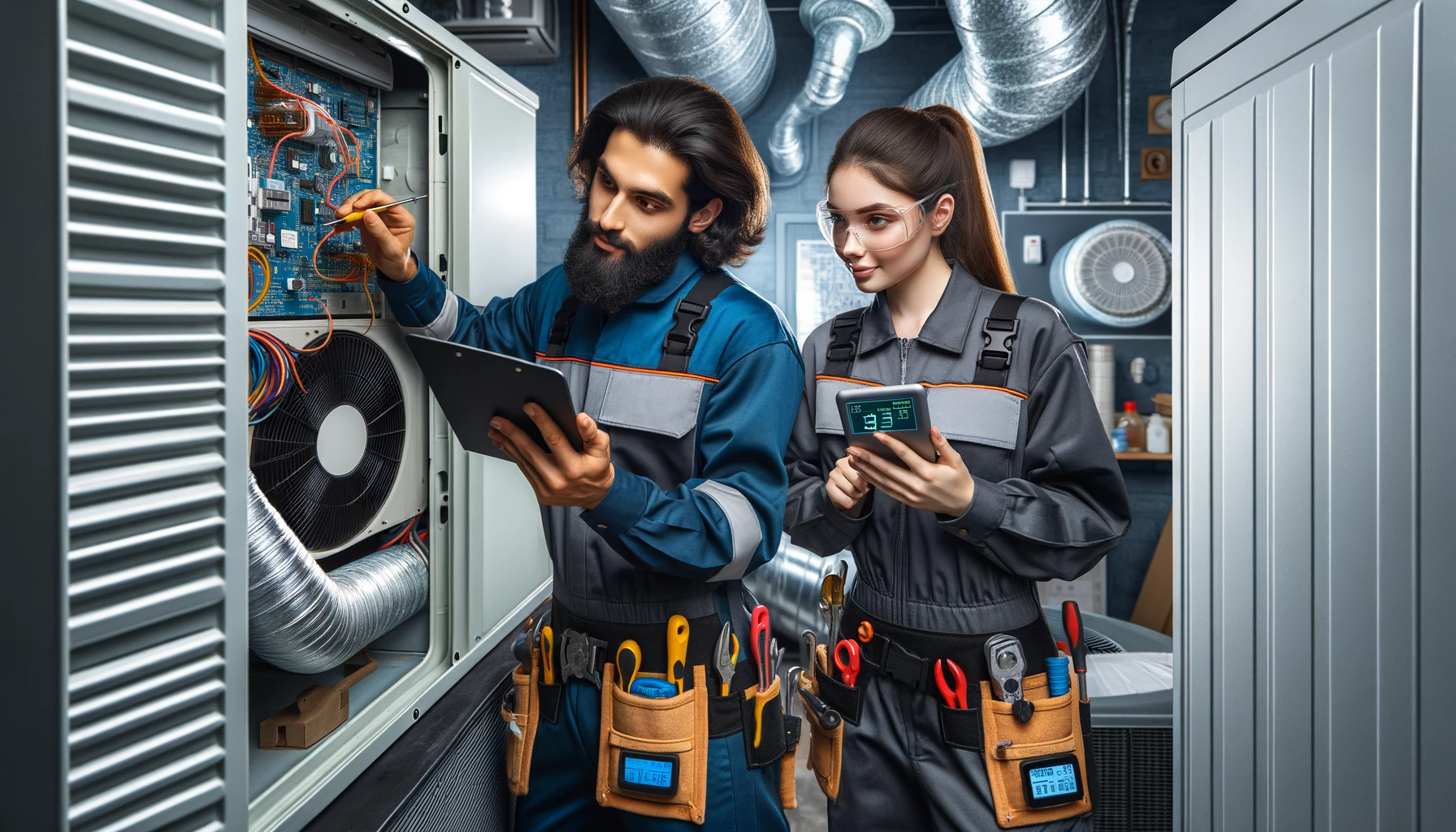 DALL·E 2023-12-09 13.29.41 - An image featuring two HVAC technicians, a Middle-Eastern man and a Hispanic woman, working on an air conditioning unit. The Middle-Eastern man is act