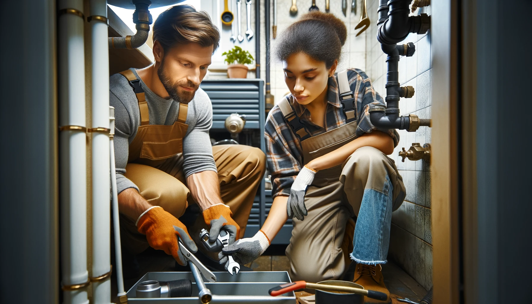 DALL·E 2023-12-09 13.29.42 - An image showing two plumbers, one Caucasian man and one Black woman, working together in a plumbing environment. The Caucasian man is using a wrench