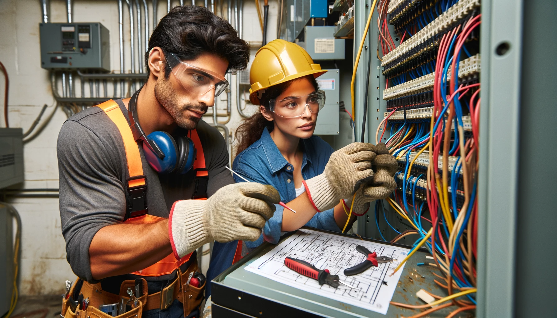 DALL·E 2023-12-09 13.29.44 - An image showcasing two electricians, one Hispanic man and one South Asian woman, working on a complex electrical installation. The Hispanic man is co